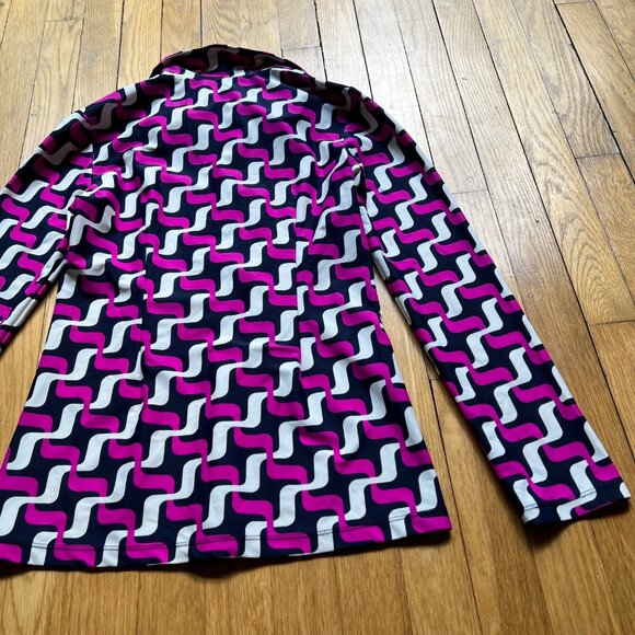 Jude Connally Size S Pink Navy Blue Geometric Print Long Sleeve Polo Shirt Top - Picture 3 of 10